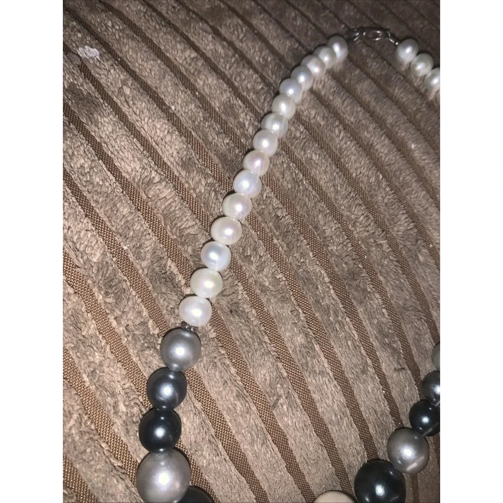 Cultured Ombre Large Pearl Necklace 925 Sterling Silver Beaded Grey Black White